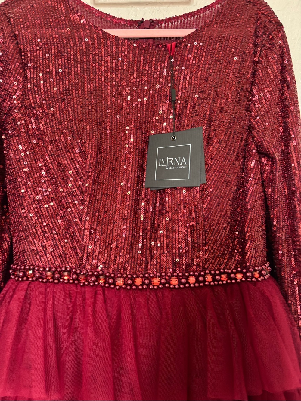 IEENA for Mac Duggal Style 26299 Burgundy Sequin Bodice Tiered Tulle Midi Dress - Picture 9 of 16